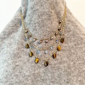 Lia Sophia Tigers Eye Multi-Strand Gold Tone Necklace Freshwater Pearl and Beads